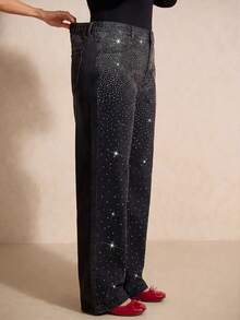 Elaquor Plus Size Street Style Hot Girl Rhinestone Button Pocket Loose Denim Jeans Fall Clothes Halloween Sparkly Jeans Shiny Pants Luxury Jeans Black Jeans - Black - View 7