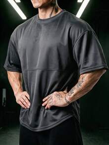GymBeat 男士純色短袖休閒健身運動T恤，健身房適用 - 深灰色 - 查看 3