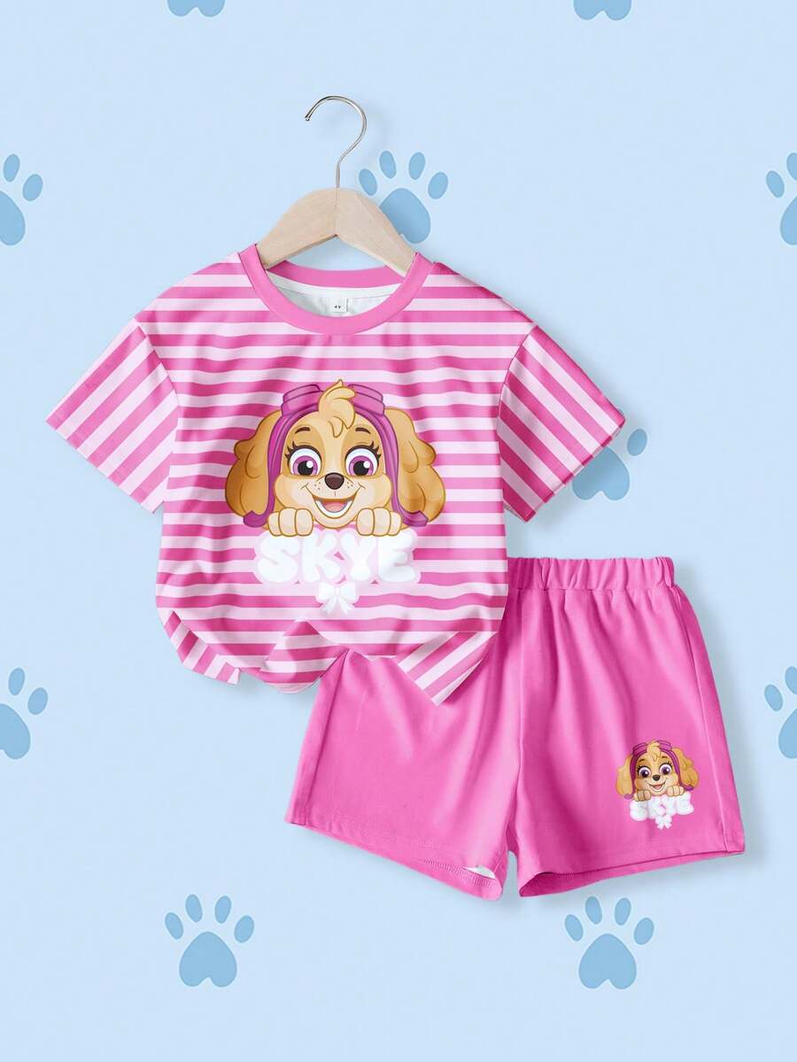SHEIN | PAW Patrol 2pcs/Set Baju Lengan Pendek dan Celana Pendek Motif Garis-garis dan Kartun untuk Anak Perempuan - Putih - View 1