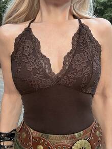 Grunge Punk ROMWE X Lorella Contrast Lace Halter Top - Chocolate Brown - View 4
