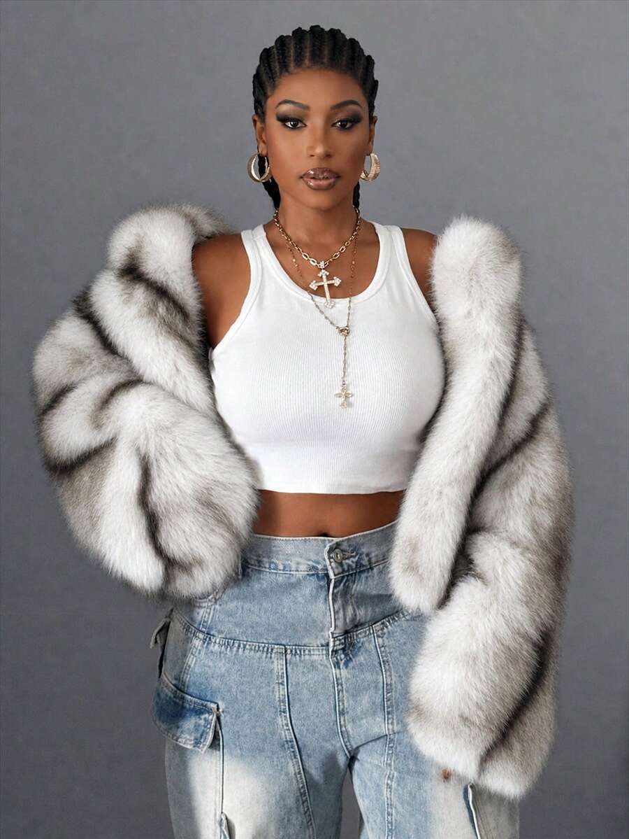 Maweii Women's Plus Size Cute Playful Elegant Fuzzy Long Sleeve Hooded Vertical Striped Design Short Jacket Party Birthday Christmas New Year Outing Home Faux Fur Coat - White - View 1