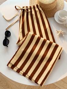 SHEIN EZwear 女款休閒腰部繫帶直筒長褲，適合夏季 - 彩色 - 查看 4