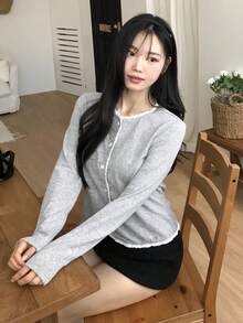 DAZY 女款圓領休閒寬鬆開襟T恤 - 灰色 - 查看 6