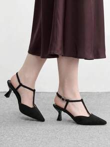CUCCOO BIZCHIC 歐美風法蘭絨黑色尖頭 T 字帶貓跟鏤空女鞋高跟鞋 - 黑色 - 查看 6