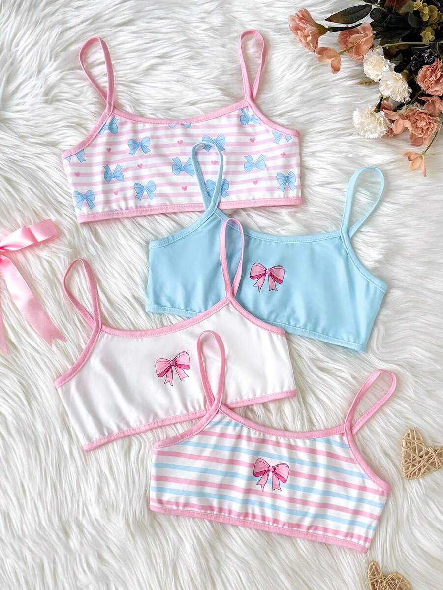 SHEIN Tween Mädchen 4er/Set Schleife Bunt Lässig Einfach Bequem Weich Gepolstert BH Niedlich Gestreift Schleife - Verschiedenfarbig - Übersicht 1