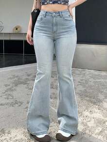 Dazy Plus Light Wash Vintage Stretch Skinny Flare Leg Jeans, Versatile Long Denim Pants Fall - Light Wash - View 3