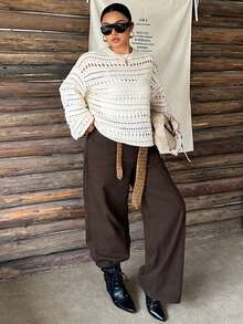 Dazy Plus Solid Color Loose Hollow Out Long Sleeve Casual Vacation Streetwear Autumn/Winter Pullover Knit Sweater - White - View 4