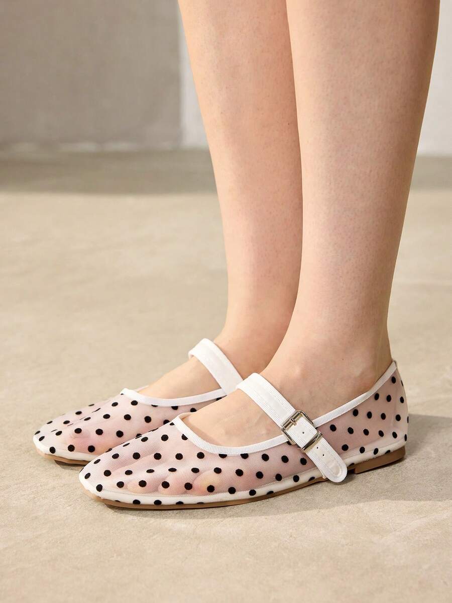 MOTF PREMIUM WOMEN POLKA DOT BUCKLE STRAP FLATS VALENTINE'S DAY - Black and White - View 2