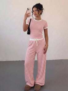 SHEIN 青少年女孩 T-Shirt 套裝 粉色與白色條紋拼接圓領短袖 T-Shirt 與長褲 - 粉色 - 查看 4