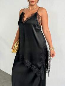 Firerie Plus Size Women Solid Color Contrast Lace Camisole And Pants Elegant Sexy 2 Pieces Set Cocktail Party Date Night Black Summer - Black - View 7