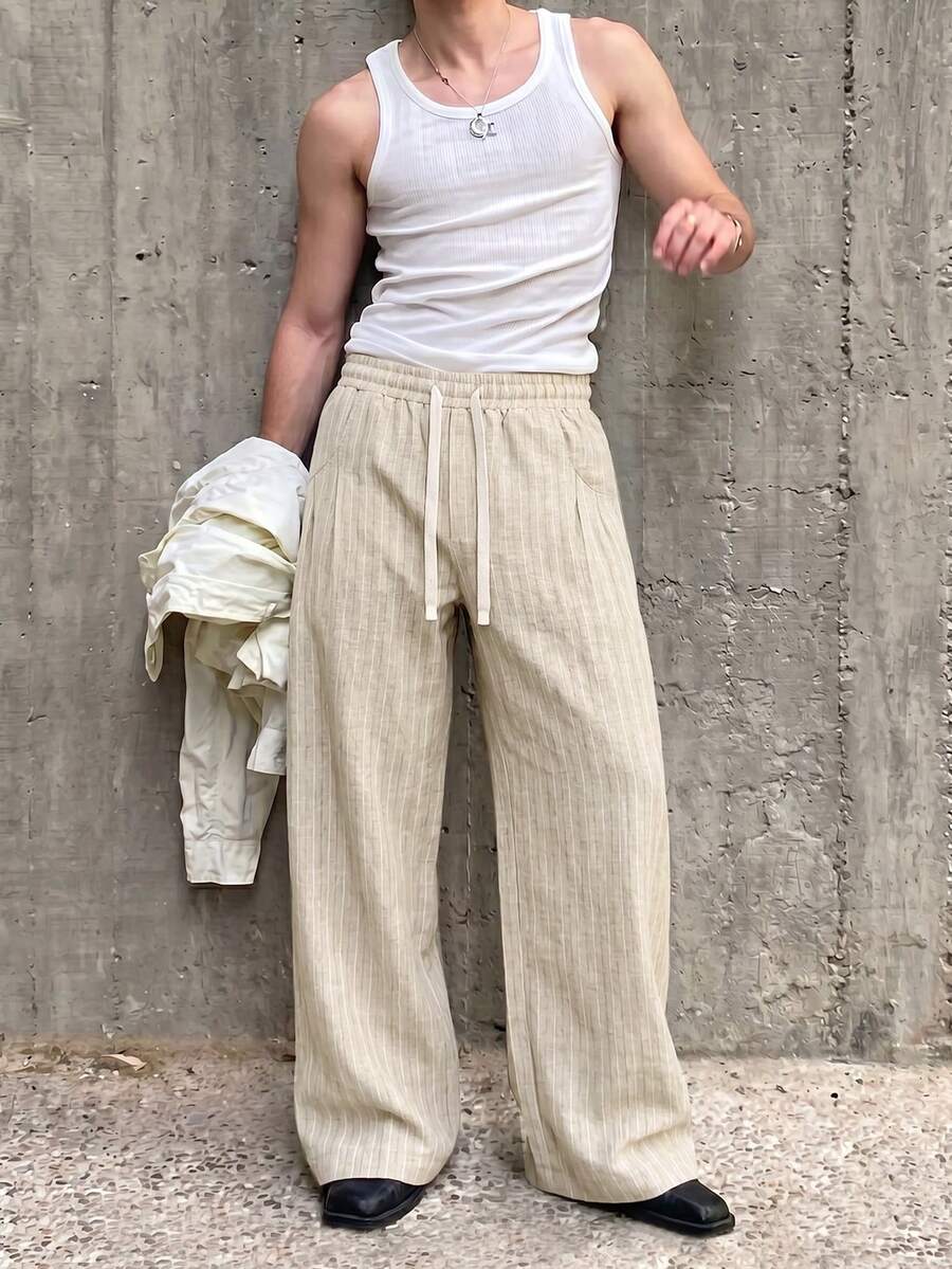 STEELVANCE Men's Casual Versatile Drawstring Waist Pocket Long Pants For Daily Wear Vacation Beige Summer - Khaki - View 1