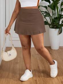 SHEIN PETITE CURVE Spring/Summer Vacation Style Solid Color Ruched Ruffle Hem Plus Size Skirt Fall - Brown - View 6