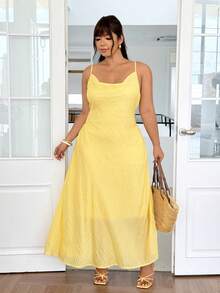 GalTyme Plus Size Women's Solid Color Cowl Neck Elegant Cami Dress For Vacation - Light Yellow - View 5