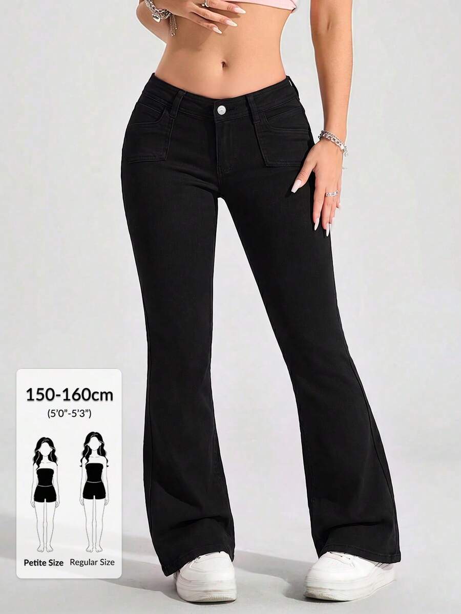 SHEIN PETITE Women's Casual Versatile Flared Jeans With Pockets - Black - View 1