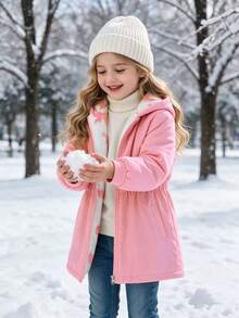 SHEIN Elladie kids 女童白色可正反穿拉鍊連帽蝴蝶結毛絨內裡加厚中長版鋪棉外套，冬季夾克粉色加厚連帽西式外套 - 淺粉色 - 查看 4