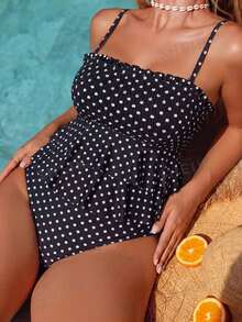 Swim Mod Plus Size Women's Summer Beach Vacation Polka Dot Print Ruched Bust Spaghetti Strap Swimwear Set - Black and White - View 3