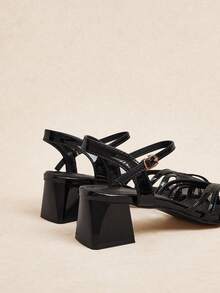 Rosivie Women's Round Toe Fashion Cross-Strap T-Heel Sandals - Black - View 4
