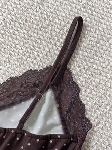 IslaSuriya 女款蕾絲拼接修身波點印花細肩帶背心 - 咖啡棕 - 查看 3