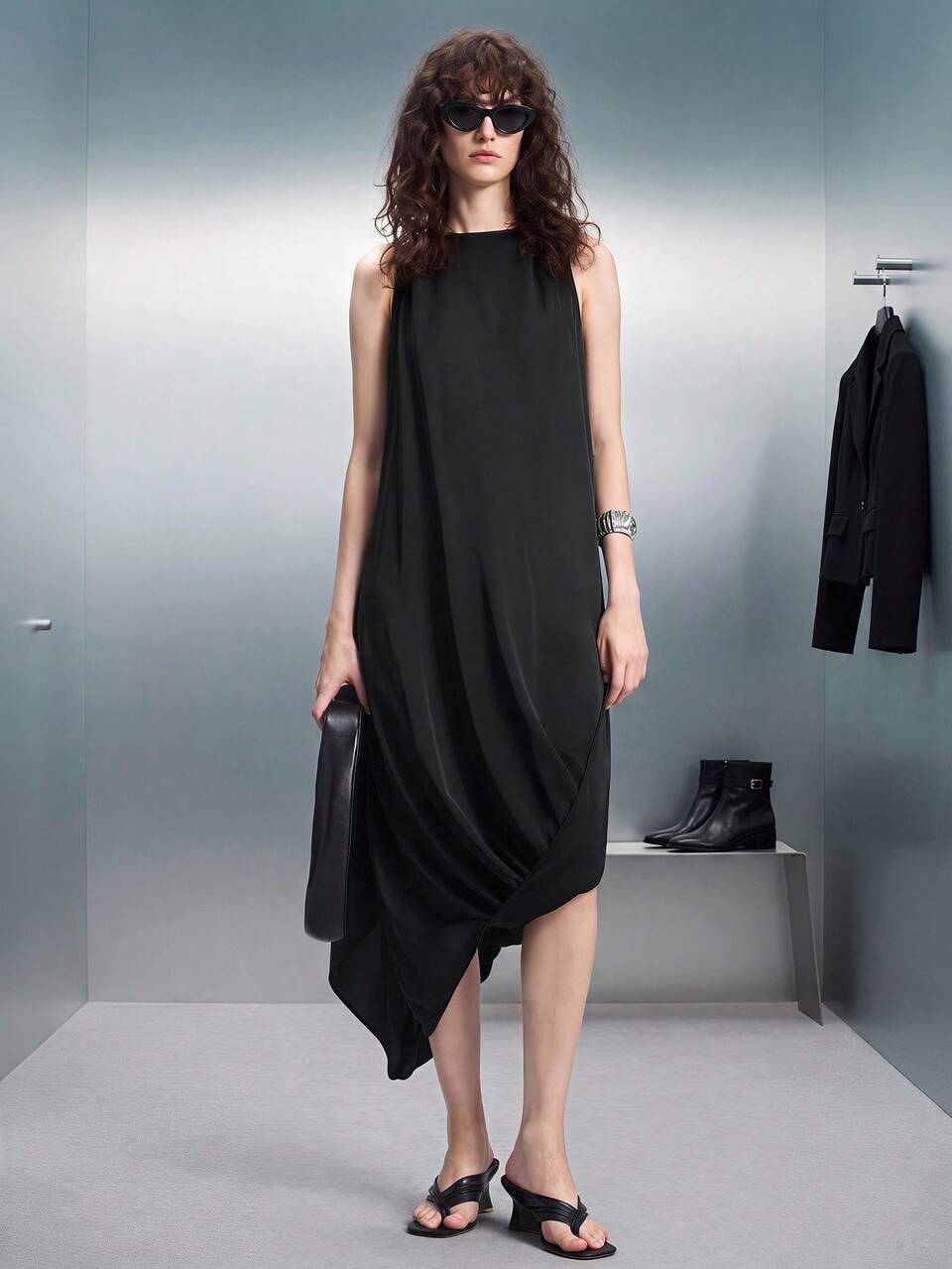 2026 Summer Loose Fit Solid Black Sleeveless Midi Dress, Woven Satin Fabric, Square Neck, Back Mushroom Button, Asymmetrical Design, Modest
