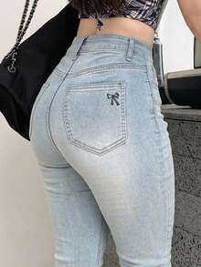 Dazy Plus Light Wash Vintage Stretch Skinny Flare Leg Jeans, Versatile Long Denim Pants Fall - Light Wash - View 6