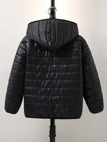 SHEIN Tween Boy Hooded Thermal Kids Lined Thick Black Jacket, Autumn/Winter, Quilted Coat, Winter Coat, Parka Coat, Padded Coat, Padded Coat, Quilted Coat - Black - View 5