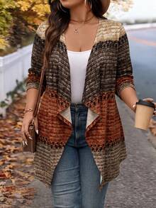 Rosumi Plus Size Rustic Retro Colorblock Patchwork Long Sleeve Open Front Jacket Fall Autumn Casual Layering Going Out Outfits Women Jacket - Multicolor - View 8