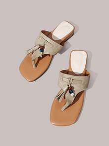 Styleloop Women's Rhinestone Plant Design Casual Flat Sandals - Beige + tassel - View 2