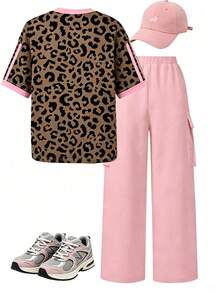SHEIN Teen Girls Pink Leopard Print T-Shirt And Cargo Pants Set, Casual Fashion Spring Summer Autumn Outdoor Wear - Multicolor - View 2