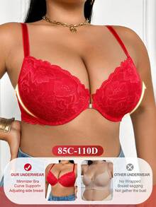 SHEIN Sutiã Plus Size com Aro, Renda Sexy, Fechamento Frontal e Push Up, 1 Peça - Vermelho - Visão 8