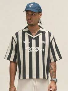 STYNVO Men's Letter Print Striped Casual Versatile Daily Wear Shirt - Black - View 1