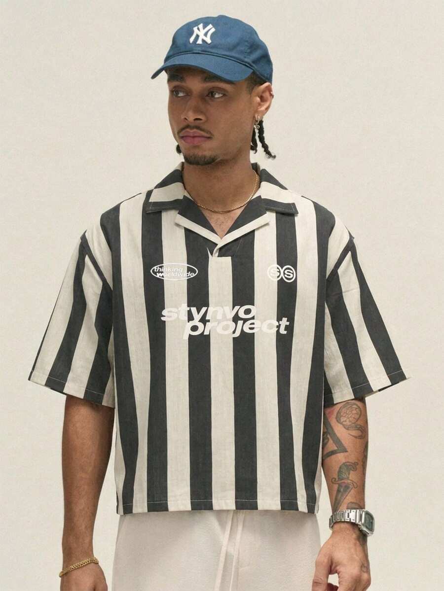 STYNVO Men's Letter Print Striped Casual Versatile Daily Wear Shirt - Black - View 1