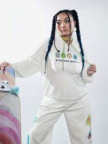 Rick and Morty X SHEIN 加大码标语卡通图案袋鼠口袋插肩袖抽绳卫衣 - 白色 - 查看 1