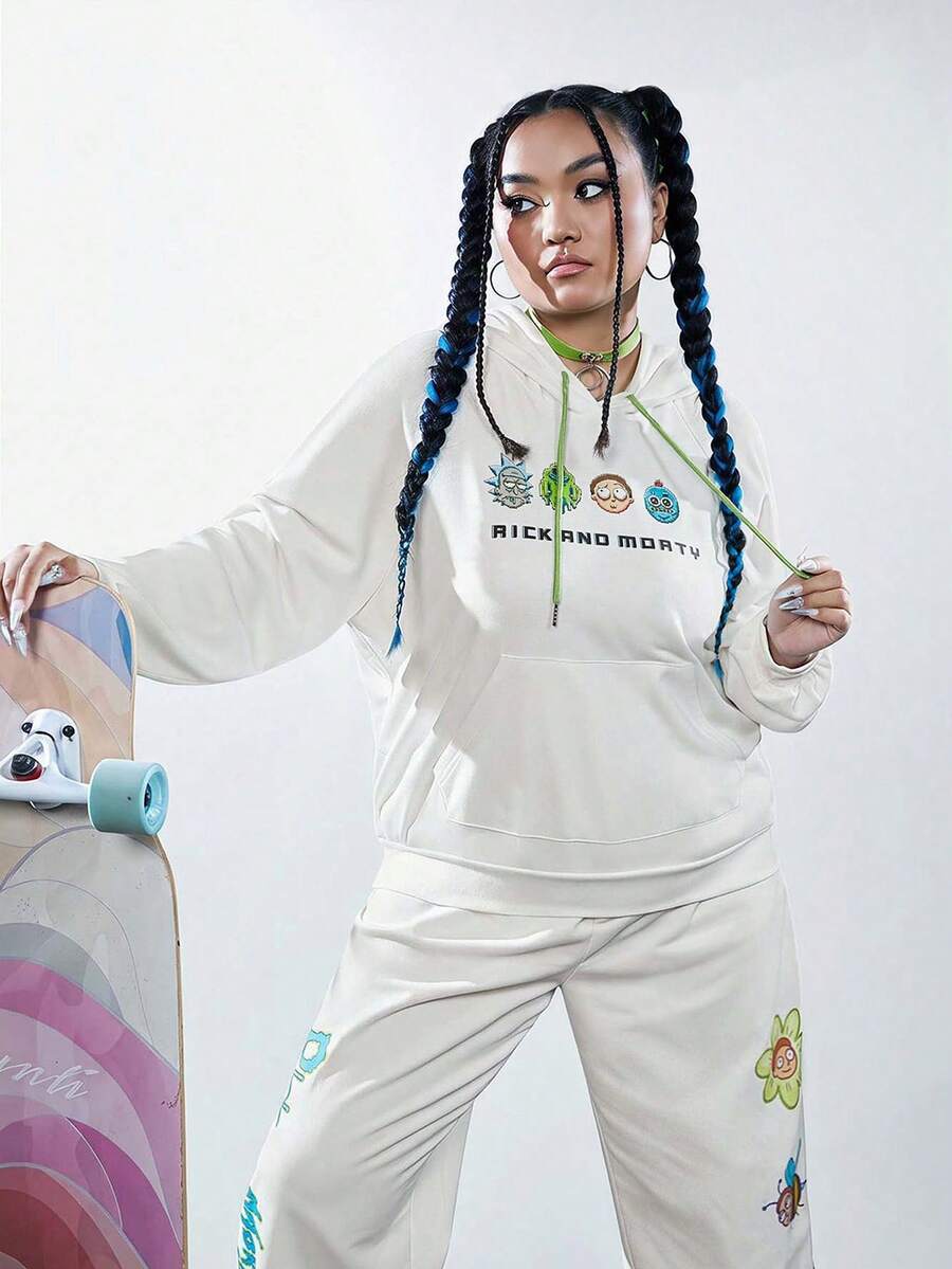 Rick and Morty X SHEIN 加大码标语卡通图案袋鼠口袋插肩袖抽绳卫衣 - 白色 - 查看 1