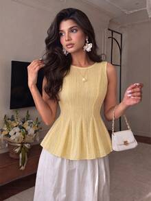 Modelyn Women's Spring/Summer Pale Yellow Woven Lace Sleeveless Waist-Cinching A-Line Commuter Frenchy Elegant Casual Tank Top Brunch Date - Yellow - View 1
