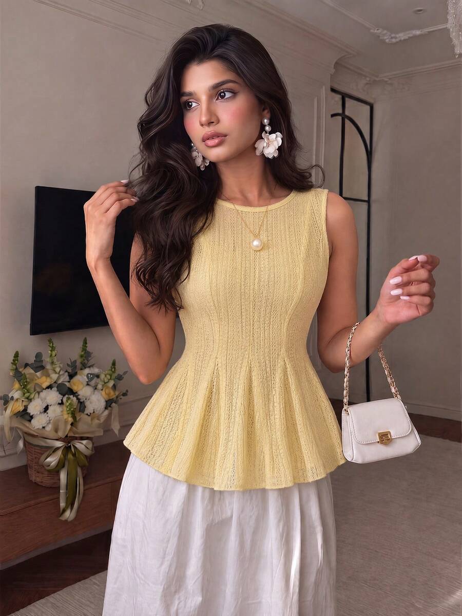 Modelyn Women's Spring/Summer Pale Yellow Woven Lace Sleeveless Waist-Cinching A-Line Commuter Frenchy Elegant Casual Tank Top Brunch Date - Yellow - View 1