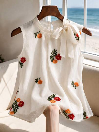 GlowEve CURVE Blusa sin mangas con cuello bordado y lazo para mujer talla grande, para vacaciones de verano