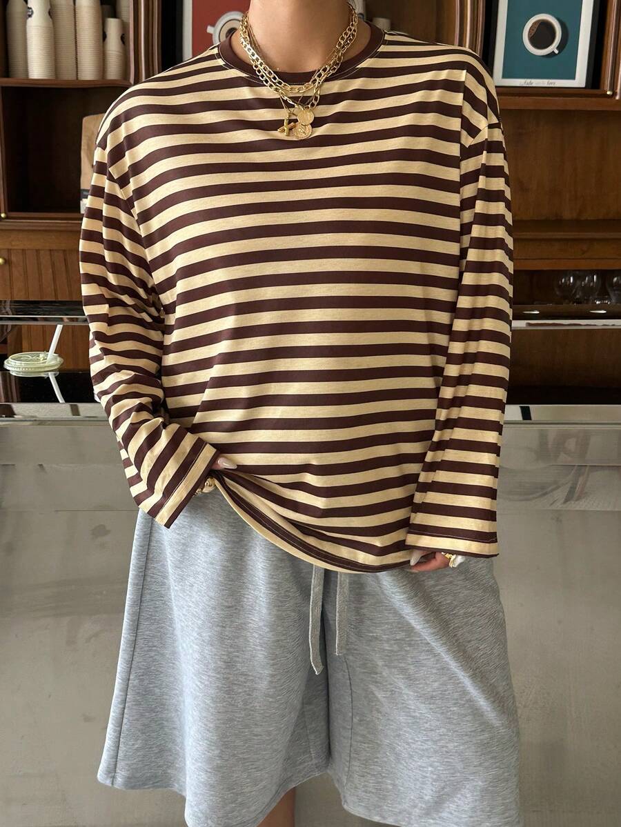 Muchica Plus Size Minimalist Casual Striped Colorblock Crew Neck Long Sleeve T-Shirt - Multicolor - View 1