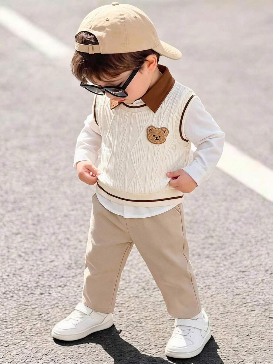 SHEIN Playful Pals 3件組男嬰熊圖案背心+白色長袖襯衫+灰色燈芯絨寬腿長褲休閒套裝,韓系復古百搭翻領單排扣背心上衣與長褲,英倫風校服,適合秋冬日常穿著與開學季 - 黑與白 - 查看 1