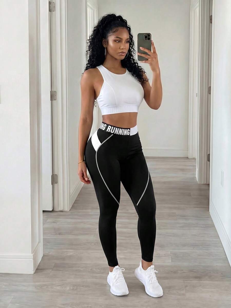 SHEIN BamGlam Letter Tape Waist Sports Set Workout Women Set Women Leggings Set - Black and White - View 1