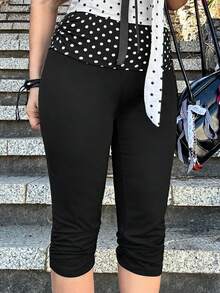 ROMWE Avant ROMWE X Lorella Spring/Summer Millennium Sicilian Holiday Vintage Polka Dot Patchwork Ruched Skinny Women 3/4 Pants - Black - View 2