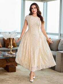 Modelyn Women's Elegant Minimalist Round Neck 3D Lace Long Dress, Plus Size, Summer - Apricot - View 6