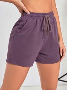 Powerista Women's Casual Solid Color Drawstring Waist Side Pocket Sports Shorts, Summer - Violet Purple - View 2