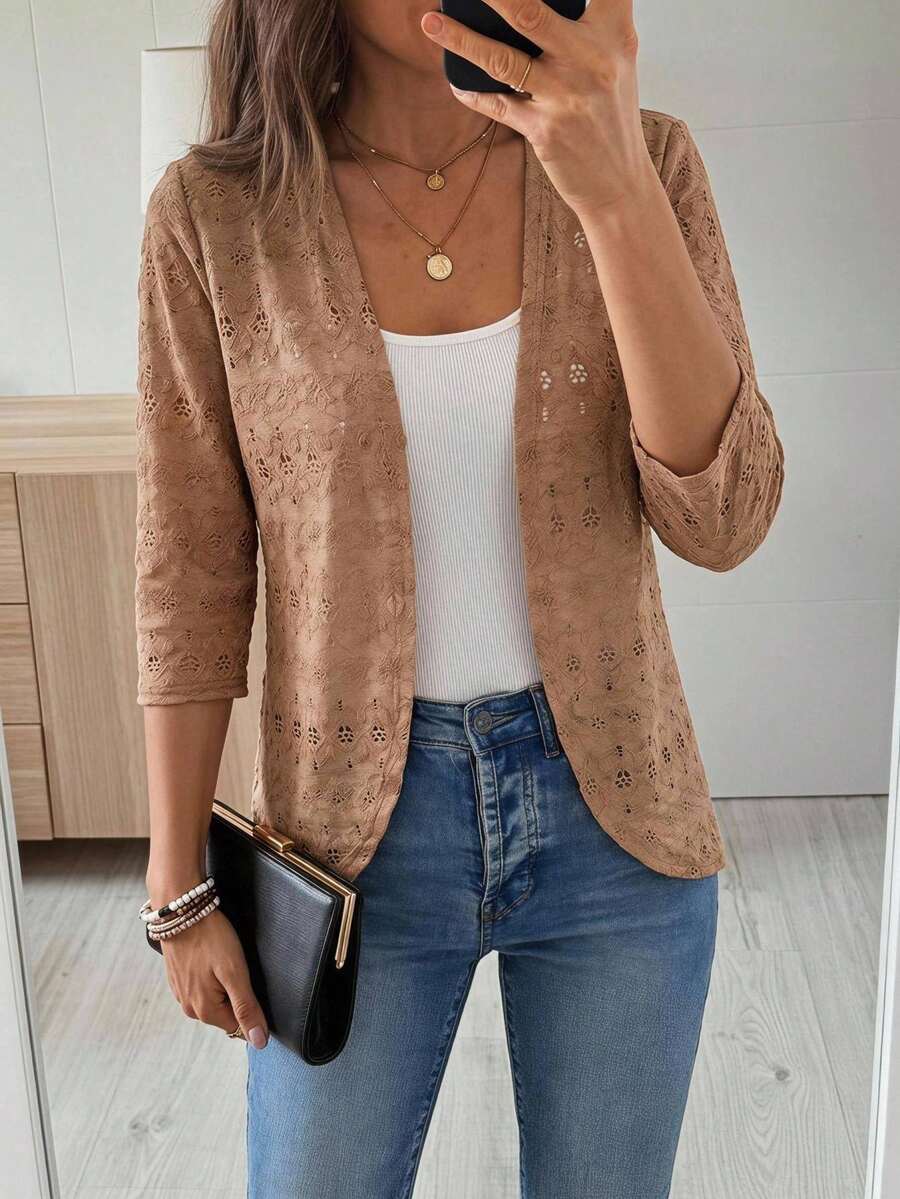 EMERY ROSE Jaket Rajut Kasual Wanita Lengan 3/4 Warna Polos dengan Bukaan Depan, Potongan Reguler, Cocok untuk Musim Panas, Musim Gugur, dan Musim Dingin - Coklat - View 1
