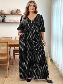 SHEIN CURVE+ 大尺碼波點荷葉邊泡泡袖兩件套，V領上衣搭配鬆緊腰，2026冬季 22W - 黑色 - 查看 3