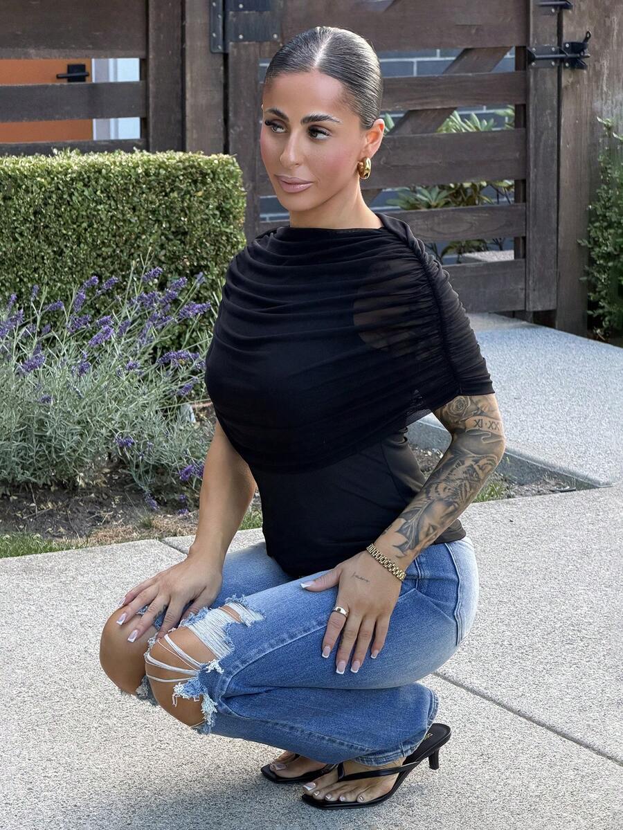 SAYEHFBABY 黑色網紗翻領上衣,優雅女款外穿抽褶上衣,夏季休閒黑色上衣 - 黑色 - 查看 1