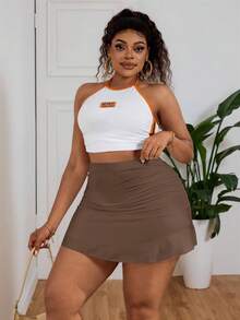 SHEIN PETITE CURVE Spring/Summer Vacation Style Solid Color Ruched Ruffle Hem Plus Size Skirt Fall - Brown - View 3