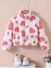 SHEIN 女童小女孩愛心圖案拉鍊休閒日常穿著長袖秋冬夾克 - 彩色 - 查看 1