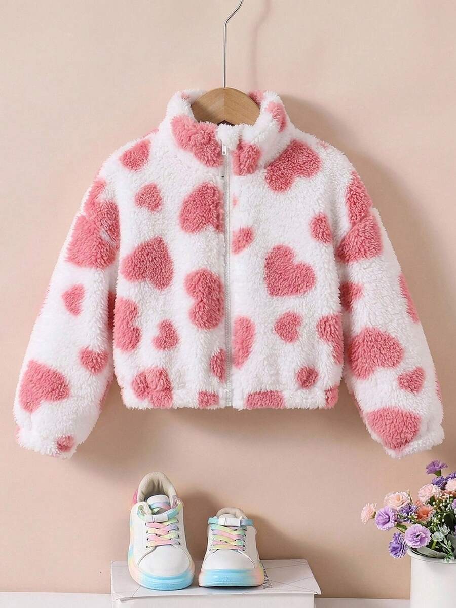 SHEIN 女童小女孩愛心圖案拉鍊休閒日常穿著長袖秋冬夾克 - 彩色 - 查看 1