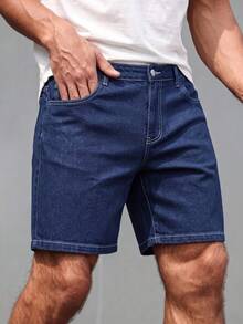 Manfinity Homme Men's Street Style Casual Blue Stretch Plus Size Denim Shorts - Dark Wash - View 6
