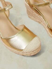 Styleloop أحذية نسائية، بني، أحذية من القش وحبل القنب مطرزة بالزهور، صنادل بكعب إسفين ومنصة، ملابس بوهيمية للعطلات تعزز الطول - الذهبي - مشاهدة 5